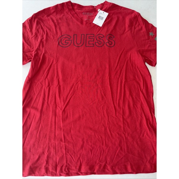 Guess Men's Short Sleeve V-neck‎ Spell-out Logo Tee Red Graphic Cotton Large - Picture 2 of 4